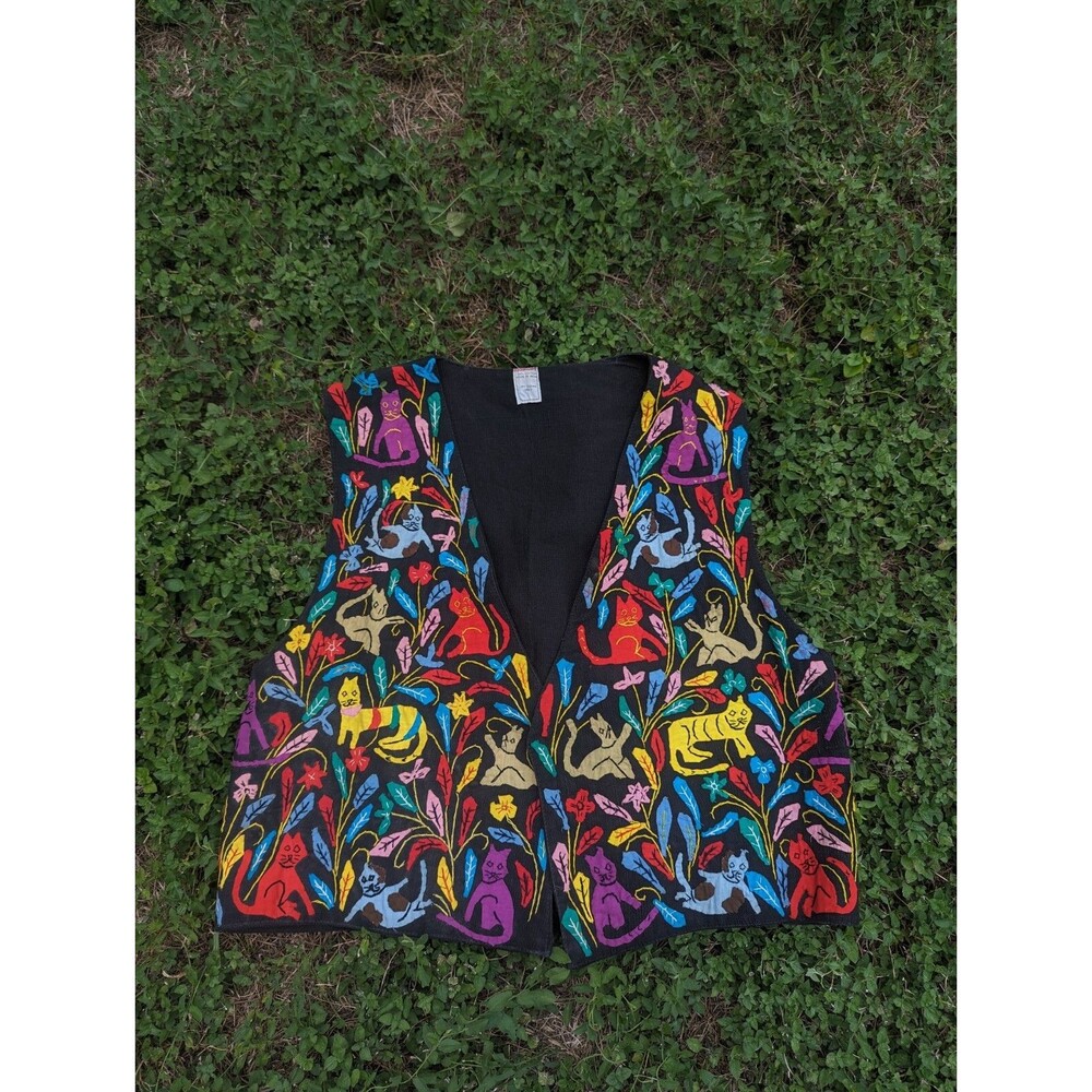 Vintage hand applique animals artsy teacher Vest One Size XL Cotton